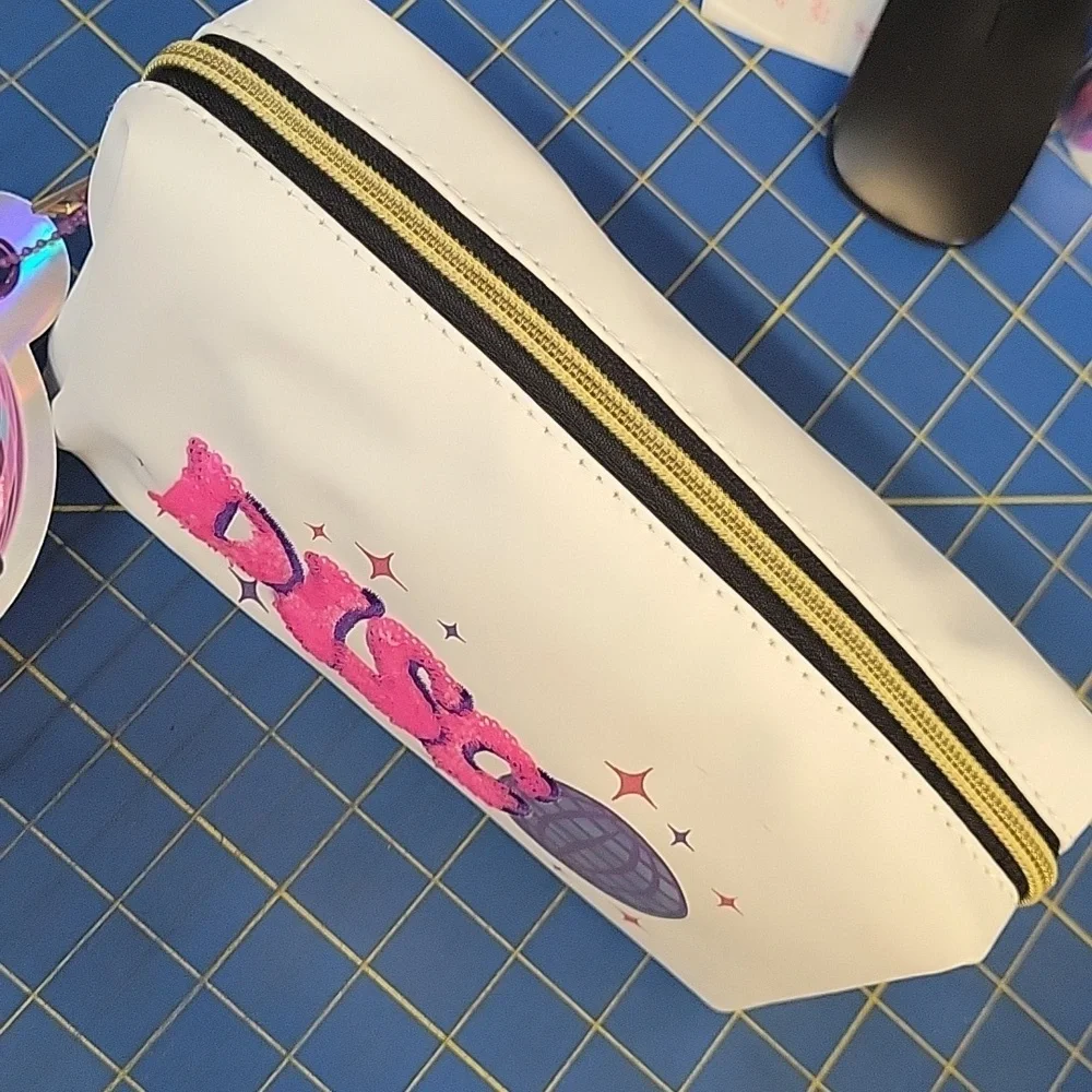 Sequin Disco Love Cosmetic Bag White Pleather & Gold Zipper 8x3.25x5.1 New
